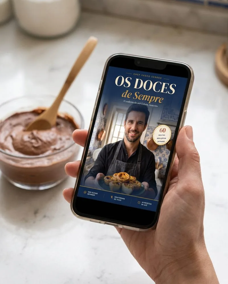 O livro aberto no telemóvel, ao lado de uma mousse de chocolate