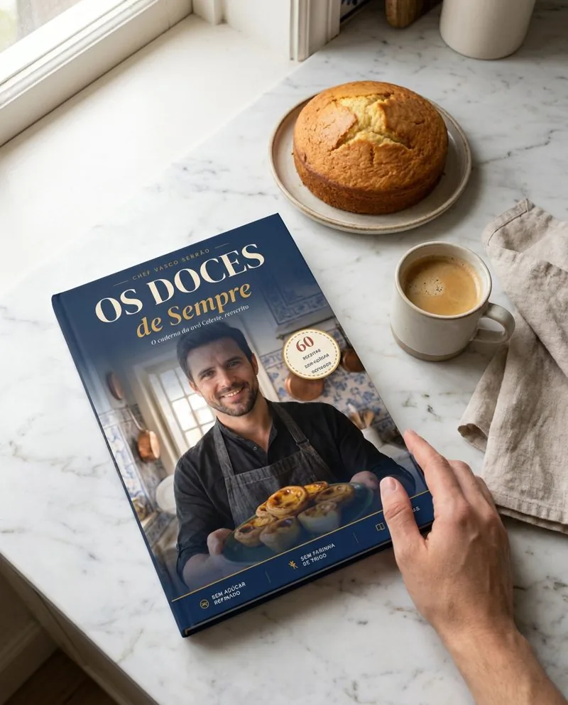 O livro na bancada, ao lado de um bolo de arroz e de um café